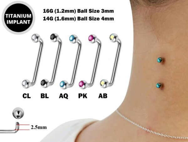 Dermal Surface Piercing, Nape Piercing with Gem Crystal - Titanium 16g 14g Implant Grade 90 degree Staple Bar - Collar Bone Piercing