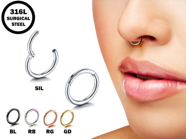 Clicker Septum, Daith Ring, Helix Cartilage Piercing - Surgical Steel 20g 18g 16g 14g Nose Ring - Steel, Gold, Rosegold, Black, Rainbow