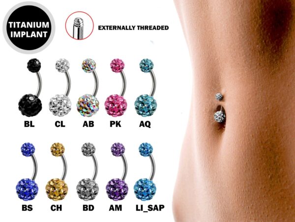 Disco Ball Belly Ring, Navel Ring - Titanium 14g Ferido Ball Bling Bling Belly Crystal Body Jewellery - Short and Long Belly Bars