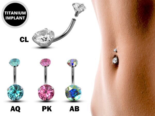 Round Internal Belly Ring, Navel Ring - Titanium 14g Prong Set size 10mm Standard Belly bar, Belly Button Body Piercing