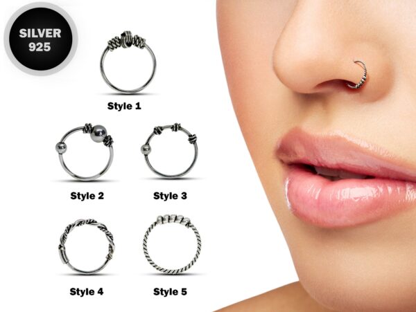 Silver Bali Braided Nose Ring, Thin Nostril Jewelry, 22g Nose Hoop in many Designs - Clip on and Flexible easy to Bend