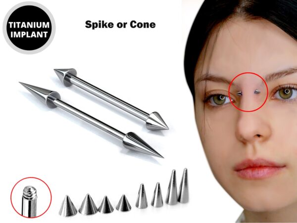 Cone / Spike Nose Bridge Barbell Piercing Studs 18g 16g 14g Titanium Straight Barbell Upper Nose Piercing - Choose Spike and Cone Size