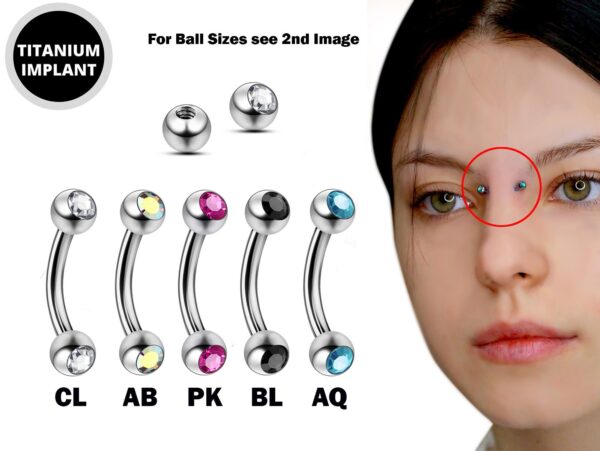 High Nostril Bridge Piercing Jewelry with Gem Ball CZ Crystal - Titanium 18g 16g 14g Curved Bar Piercing also for Eyebrow, Lip Barbell