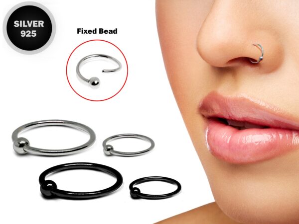 Sterling Silver Hoop Ball End Nose Ring, Black Captive Nose Hoop 24g (0.6mm) Nose Piercing - Fixed ball - Clip on and Flexible easy to Bend