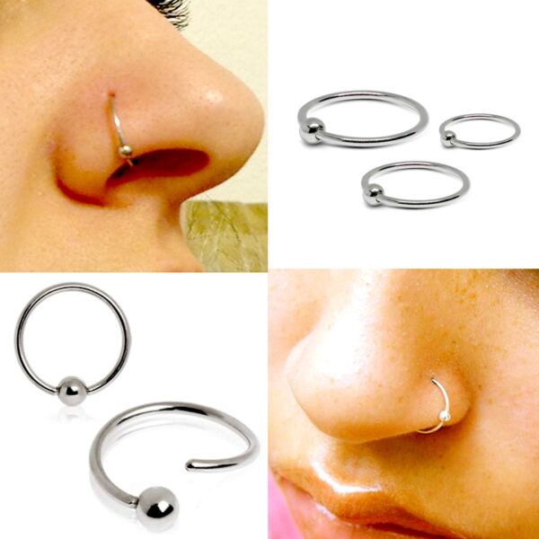 Sterling Silver Hoop Ball End Nose Ring, Black Captive Nose Hoop 24g (0.6mm) Nose Piercing - Fixed ball - Clip on and Flexible easy to Bend