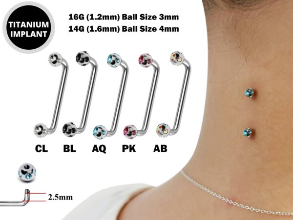 Surface Jewelry, Nape Piercing with 5 Stone Crystal - Titanium 16g 14g Implant Grade 90 degree Staple Bar - Collar Bone Piercing