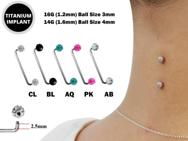 Surface Barbell, Nape Piercing with Disco Ball Crystal - Titanium 16g 14g Implant Grade 90 degree Staple Bar - Collar Bone Piercing