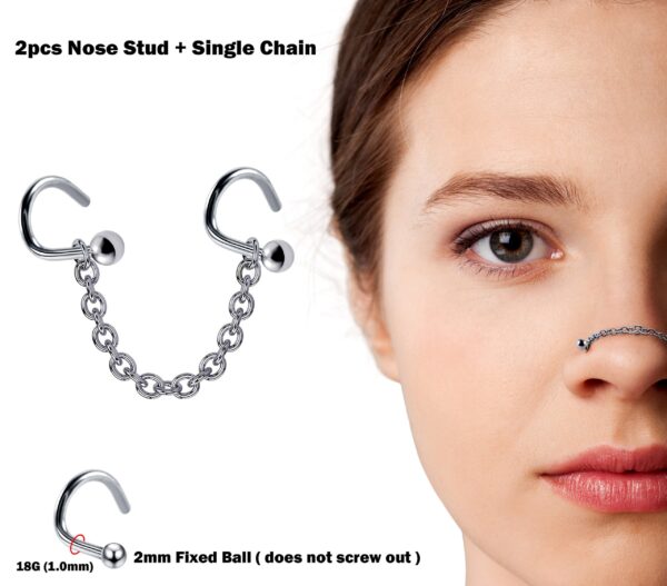 il_fullxfull.4314892330_rr4q Nasallang Nose Screw Piercing, 2pcs Nostril Studs with Single Chain Piercing - 18G Nose Piercing with Fixed Ball Nostril Jewelry