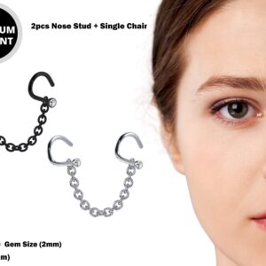 Nostril Screw Studs 2pcs Nostril Studs with Chain Piercing - Titanium 20G Nose Piercing with Gem CZ Crystals Black Nostril Jewelry