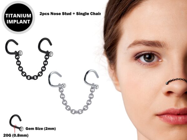 Nostril Screw Studs 2pcs Nostril Studs with Chain Piercing - Titanium 20G Nose Piercing with Gem CZ Crystals Black Nostril Jewelry