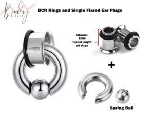 Single Flare Ear Plugs with Spring Ball BCR Ring, Captive Ball Hoop - Big Gauge 8G to 00G Ear Piercing, Ear Gauges, Ear Stretchers