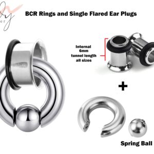 Single Flare Ear Plugs with Spring Ball BCR Ring, Captive Ball Hoop - Big Gauge 8G to 00G Ear Piercing, Ear Gauges, Ear Stretchers