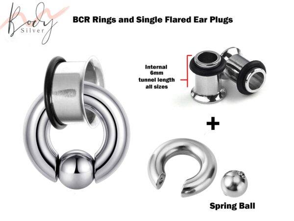 Single Flare Ear Plugs with Spring Ball BCR Ring, Captive Ball Hoop - Big Gauge 8G to 00G Ear Piercing, Ear Gauges, Ear Stretchers