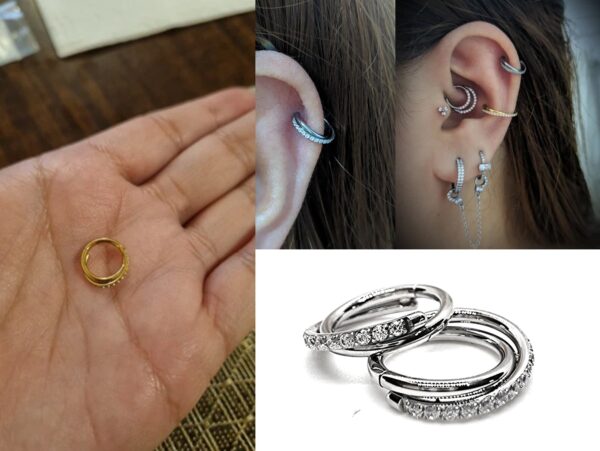 Clicker Earrings, Helix Hoops, Cartilage Hoops 16G with CZ Crystal Setting - Titanium Implant - Ear Piercing Jewelry