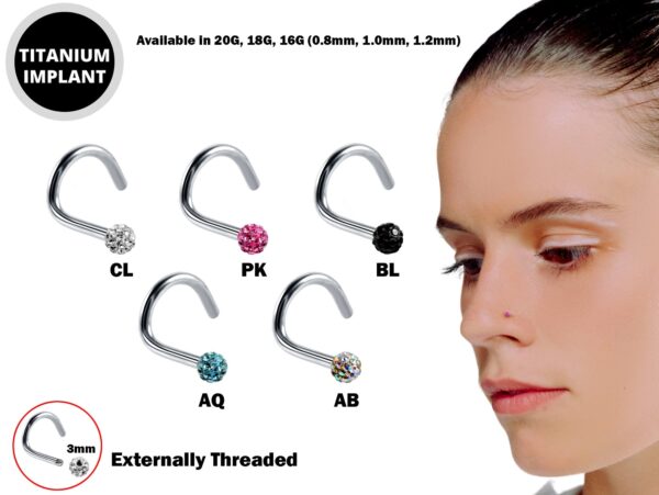 Nostril Screw Studs, Nasallang Piercing with Disco Ball CZ Crystal - Titanium 20g 18g 16g Indian Nose Stud - Externally Threaded Ball