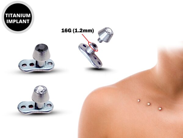 Dermal Anchor Piercing, Collar Bone Piercing with Gem CZ Crystal - Titanium Micro Dermal Implant 16g Skin Jewelry - Internally Threaded