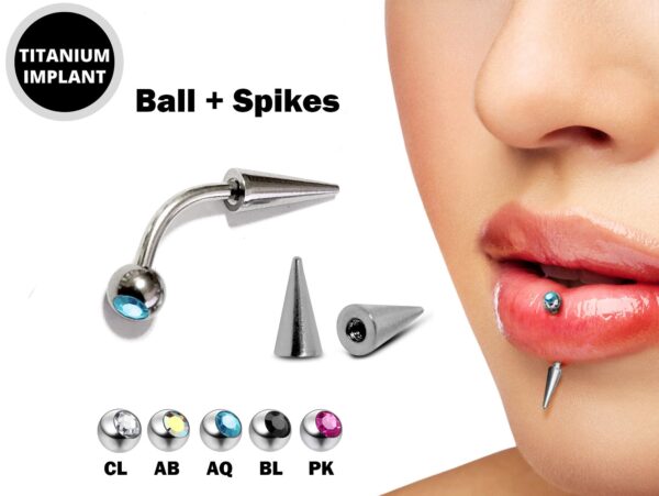 Titanium Spike Vertical Labret Stud Lip Piercings with Gem Crystal- Spikes / Cone 18g 16g 14g Curved Bar - Stud for Anti- Eyebrow, Rook
