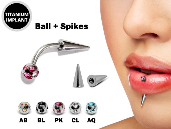 Titanium Spike Vertical Labret Stud Lip Piercings with Multi Stone Crystals- Spikes / Cone 18g 16g 14g Curved Bar for Anti- Eyebrow, Rook