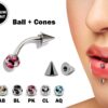 Titanium Spike Vertical Labret Stud Lip Piercings with Multi Stone Crystals- Spikes / Cone 18g 16g 14g Curved Bar for Anti- Eyebrow, Rook