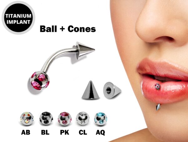 Titanium Spike Vertical Labret Stud Lip Piercings with Multi Stone Crystals- Spikes / Cone 18g 16g 14g Curved Bar for Anti- Eyebrow, Rook