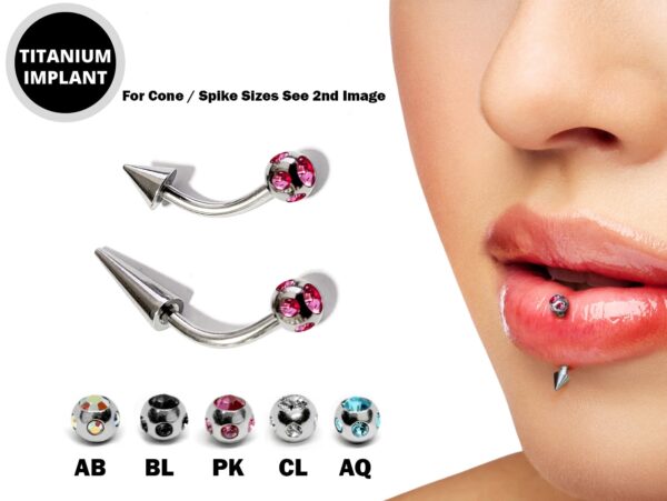 Titanium Spike Vertical Labret Stud Lip Piercings with Multi Stone Crystals- Spikes / Cone 18g 16g 14g Curved Bar for Anti- Eyebrow, Rook