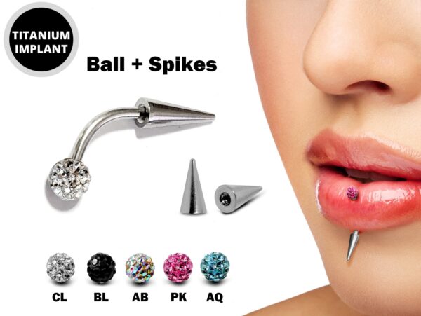 Titanium Spike Vertical Labret Stud Lip Piercings with Disco Ball Crystals- Spikes / Cone 18g 16g 14g Curved Bar for Anti- Eyebrow, Rook