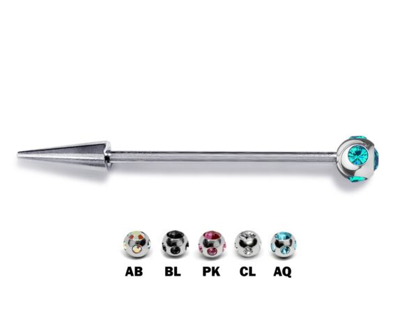 Ball/Cone/Spike Upper Ear Industrial Barbell with Multi Stone Crystals - Titanium Implant 16g 14g Ear Piercing Straight Barbell