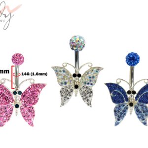 Butterfly Belly Ring, Silver Navel Piercing Studded with CZ Crystals Body Piercing 14G (1.6mm) Belly Button Ring standard size 10mm Length