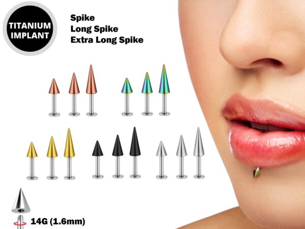 Spike Labret Lip Piercing Stud with Colorful Top Spike, Long Spike and Extra Long Spike Titanium 14G (1.6mm) Flat Disc Back also for Tragus