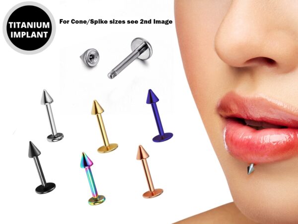 Lip Jewelry Cone/Spike Labret, Lip Piercing stud in 18G 16G 14G - Titanium Implant & Vacuum Plated labret Studs - Body Piercing Monroe