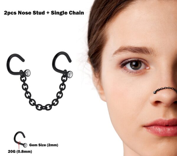 Nostril Screw Studs 2pcs Nostril Studs with Chain Piercing - Titanium 20G Nose Piercing with Gem CZ Crystals Black Nostril Jewelry