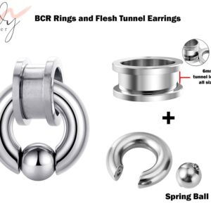 Flesh Tunnel Earrings with Spring Ball BCR Ring, Captive Ball Hoop - Big Gauge 8G to 00G Ear Piercing, Ear Gauges, Ear Stretchers