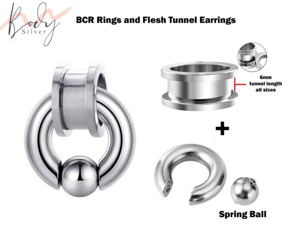 Flesh Tunnel Earrings with Spring Ball BCR Ring, Captive Ball Hoop - Big Gauge 8G to 00G Ear Piercing, Ear Gauges, Ear Stretchers