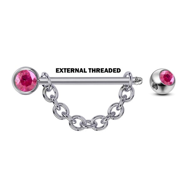 Nipple Barbell Front Gem CZ Crystal with Piercing Chain - Titanium Nipple Jewelry Studs 16g 14g Nipple Shield - Externally Threaded