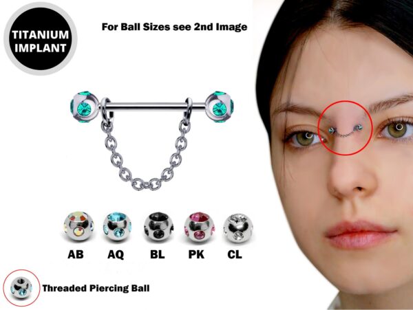 Nose Bridge Jewelry Barbell with Multi Stone Crystal, Titanium Barbell Studs 16g 14g Body Piercing Jewellery - Externally Threaded