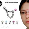 High Nostril Bridge Piercing with Gem Ball Crystal and Steel Chain - Titanium 18g 16g 14g Curved Bar Piercing also for Eyebrow, Lip Barbell