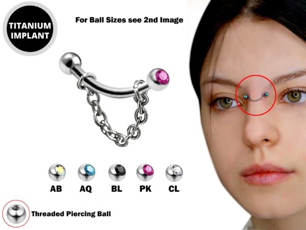 High Nostril Bridge Piercing with Gem Ball Crystal and Steel Chain - Titanium 18g 16g 14g Curved Bar Piercing also for Eyebrow, Lip Barbell