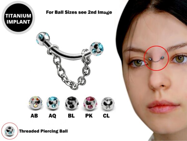 Curved Nose Bridge Piercing with Multi Stone Crystal and Steel Chain - Titanium 18g 16g 14g Curved Bar Piercing also for Eyebrow Lip Barbell