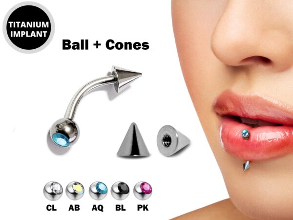 Titanium Spike Vertical Labret Stud Lip Piercings with Gem Crystal- Spikes / Cone 18g 16g 14g Curved Bar - Stud for Anti- Eyebrow, Rook