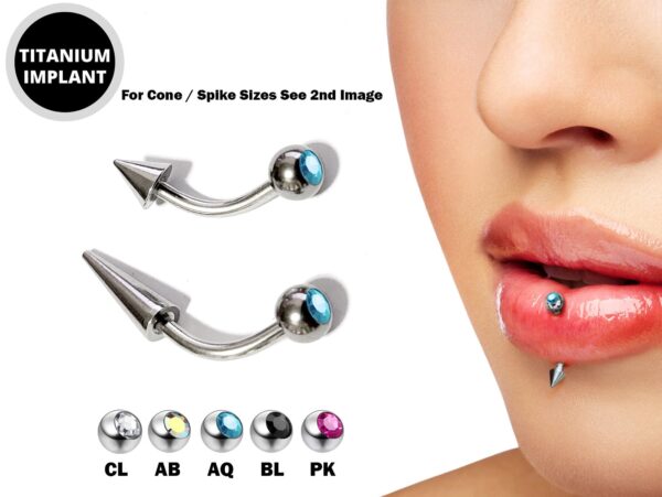Titanium Spike Vertical Labret Stud Lip Piercings with Gem Crystal- Spikes / Cone 18g 16g 14g Curved Bar - Stud for Anti- Eyebrow, Rook