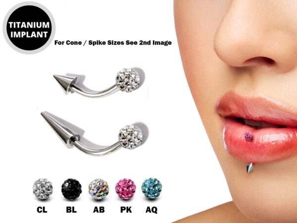 Titanium Spike Vertical Labret Stud Lip Piercings with Disco Ball Crystals- Spikes / Cone 18g 16g 14g Curved Bar for Anti- Eyebrow, Rook