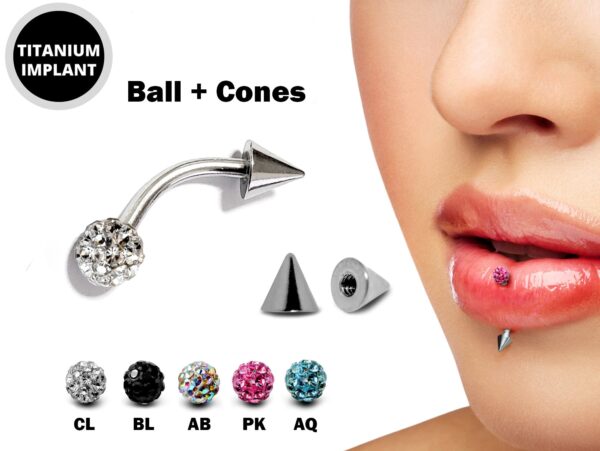 Titanium Spike Vertical Labret Stud Lip Piercings with Disco Ball Crystals- Spikes / Cone 18g 16g 14g Curved Bar for Anti- Eyebrow, Rook