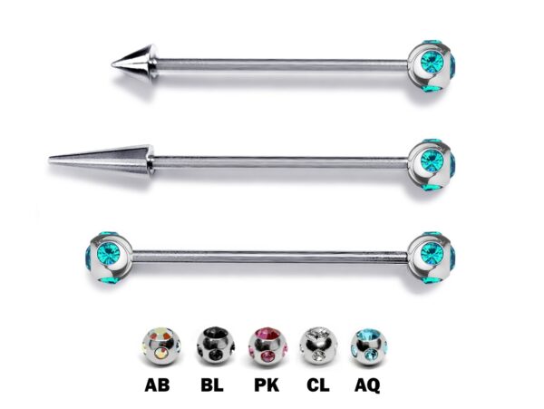 Ball/Cone/Spike Upper Ear Industrial Barbell with Multi Stone Crystals - Titanium Implant 16g 14g Ear Piercing Straight Barbell