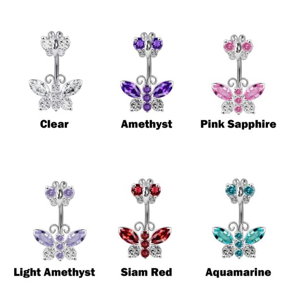 Silver Belly Button Rings, Navel Piercing Double Butterfly Belly Piercing with High Quality Crystals Navel Jewelry 14g(1.6mm)