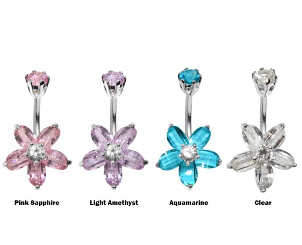 Silver Belly Bars, Navel Ring - 5 Petal Flower Belly Ring with High Quality CZ Crystals - Curved Barbell - 14g (1.6mm) Length is 8mm to 12mm