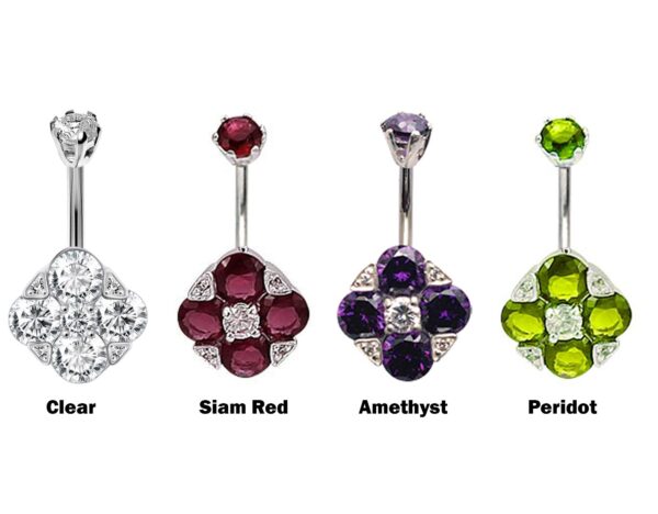 Silver Belly Bars, Belly Piercing - 4 Stones Belly Button Ring with High Quality CZ Crystals - Navel Jewelry - 14g (1.6mm) Length is 10mm