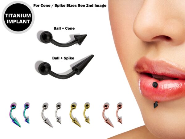 Spike Vertical Labret Stud Lip Piercings - Coloured Titanium Spikes / Cone 18g 16g 14g Curved Bar Also Piercing Stud for Anti- Eyebrow, Rook