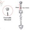 Designer Belly Bars - Silver - Dangle Cute Heart Belly Ring made of CZ Crystals - Navel Ring - 14g (1.6mm) Length is 10mm