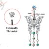 Designer Belly Button Rings- Silver - Dangle Butterfly Design Belly Bars with CZ Crystals- Belly Button Ring - 14g (1.6mm) Length is 10mm