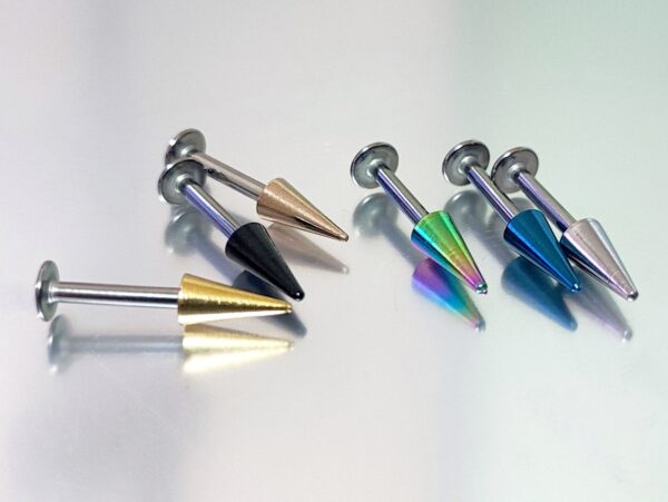 Spike Labret Lip Piercing Stud with Colorful Top Spike, Long Spike and Extra Long Spike Titanium 14G (1.6mm) Flat Disc Back also for Tragus